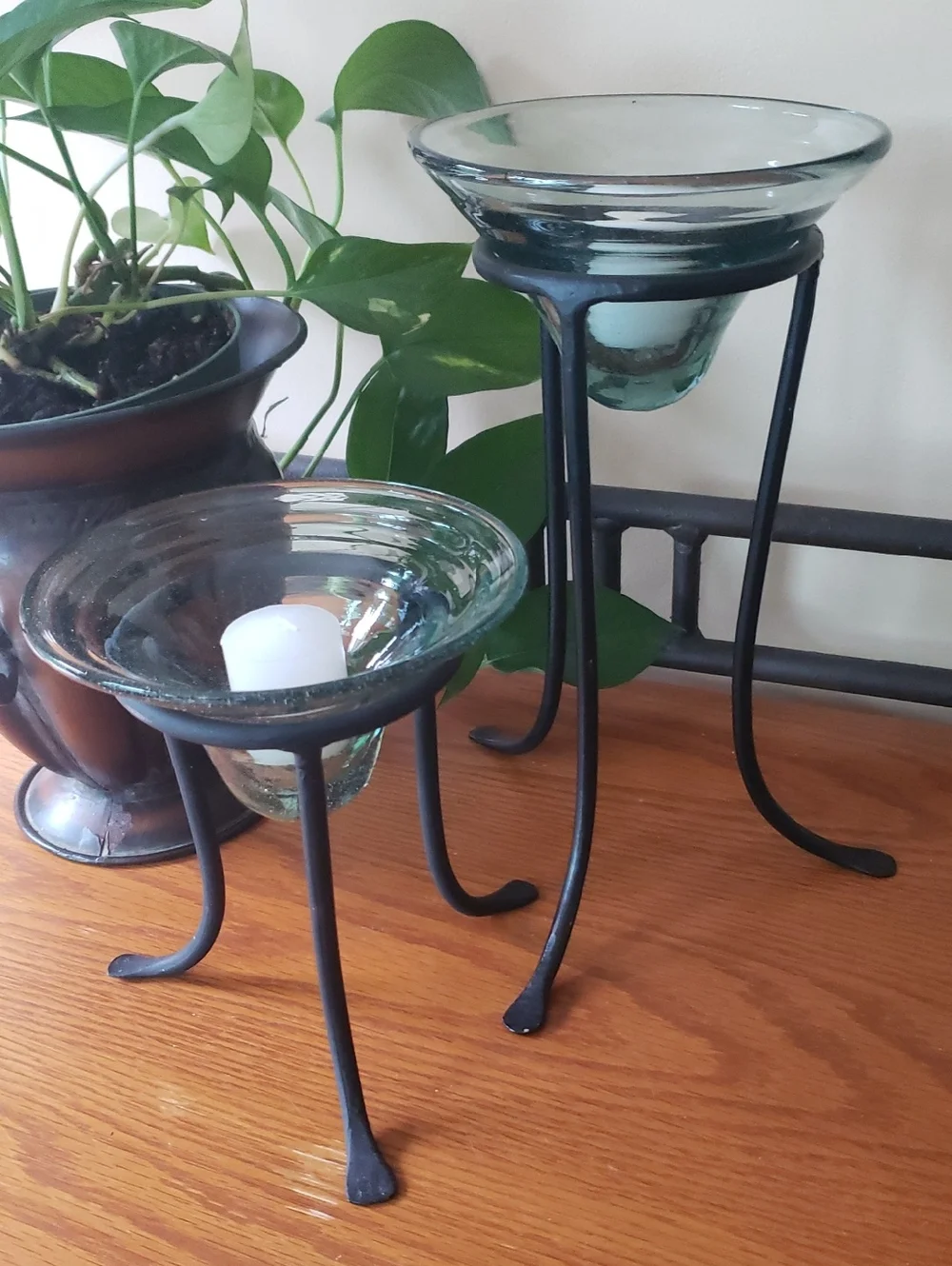 Green-tinted Glass Dishes & Black Metal Stands- Decor/ Candle Holders - Set Of 2